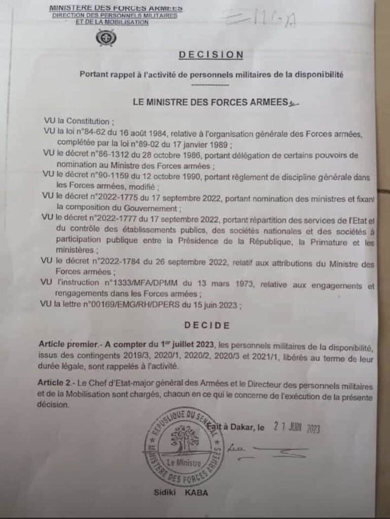 , L’Armée sénégalaise fait un rappel des personnels militaires libérés (Document)