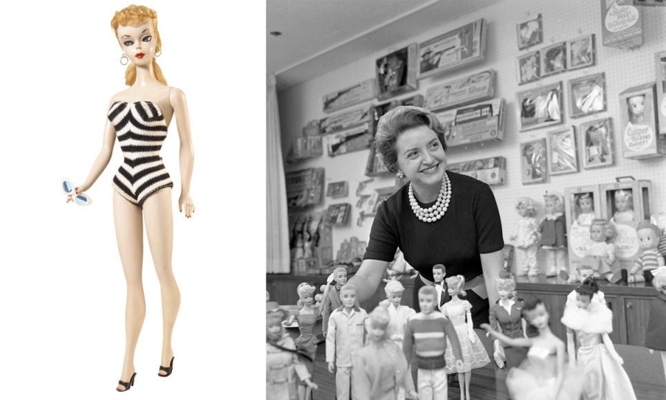 À gauche, la première Barbie (1959) par Ruth Handler. À droite, portrait de Ruth Handler, directrice de « Mattel Toy Company », posant avec une collection de poupées « Barbie » (1961)
