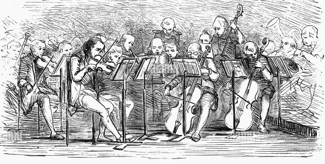Un orchestre au début du XIXe siècle. Illustration tirée du livre «Camera Obscura van Hildebrand» de Nicolas Beets.